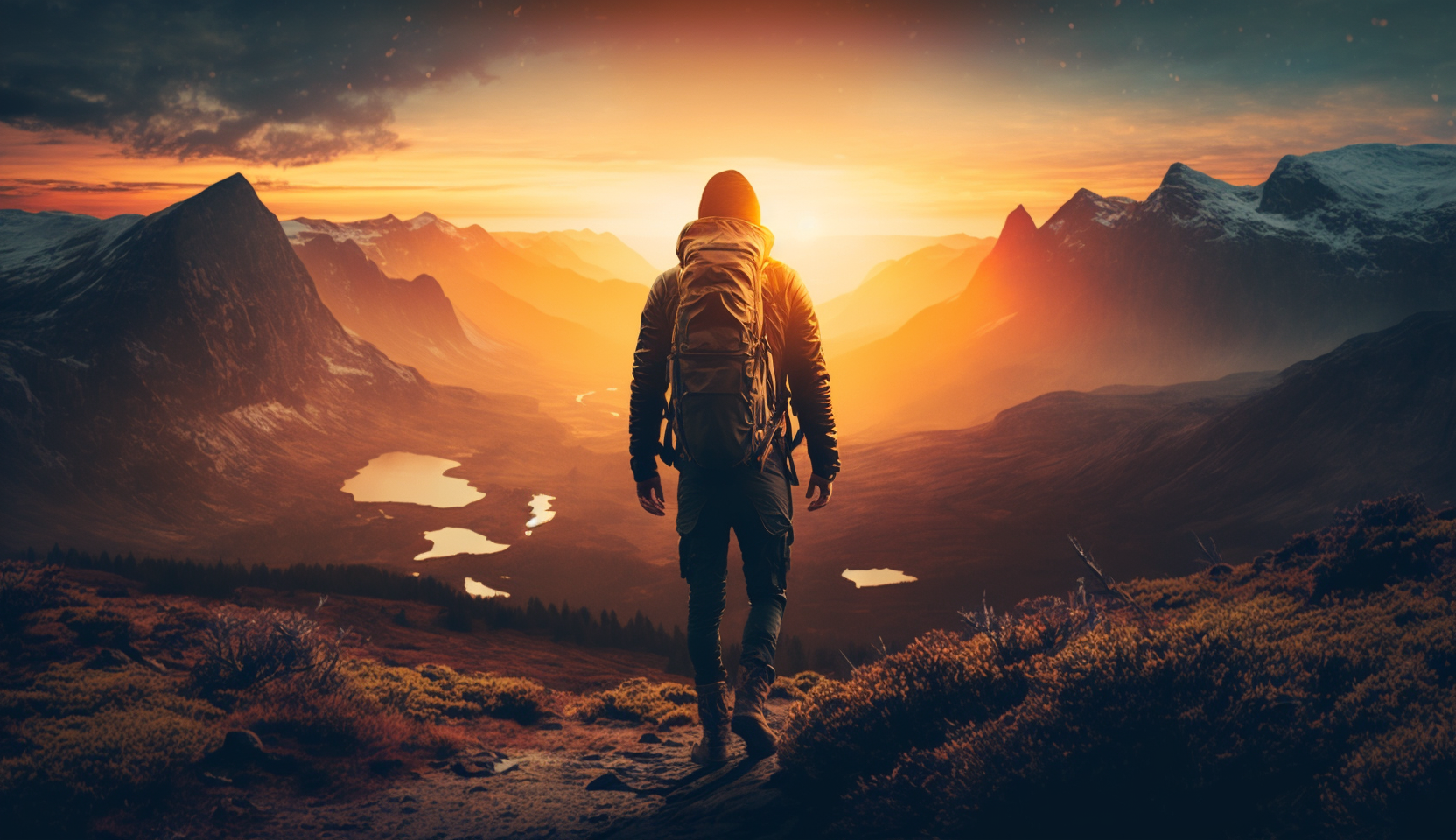 man successfully hiking with sunrise